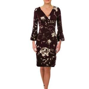Ralph Lauren Dress Wrap Floral Trumpet Sleeve Knit Purple Size 4 Classic Office